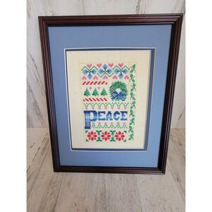 Cross stitch peace Xmas framed flower wreath mistletoe tree home